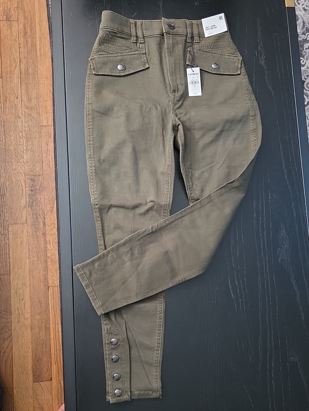 Express Olive High-Rise Utility Jeans with Buttoned Ankles